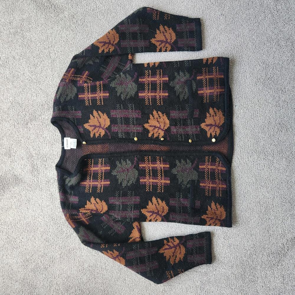 Vintage Liz Baker Leaf Knit Cardigan | 90s Autumn Plaid Button-Up Sweater L